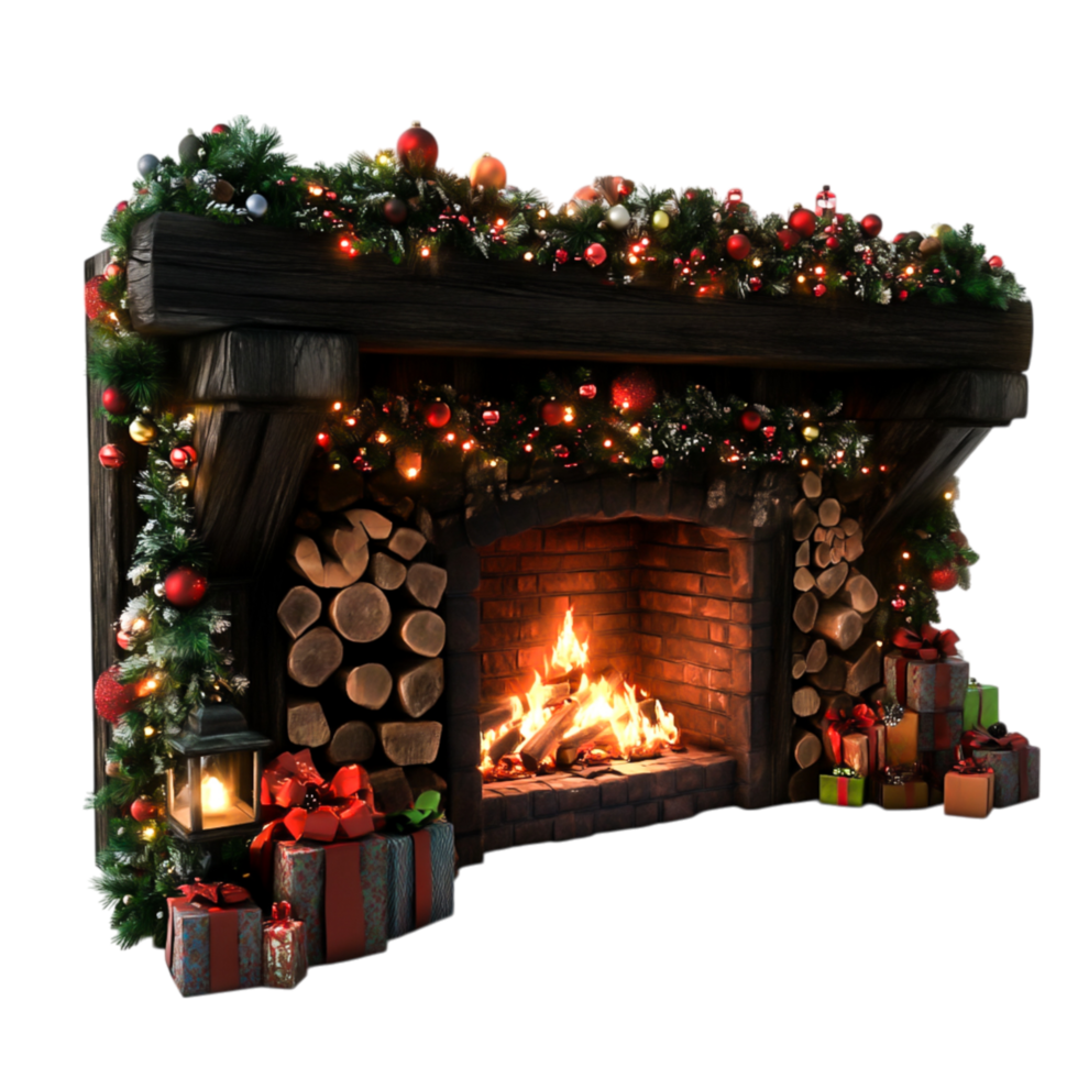 Festive Christmas Fireplace with Decorated Mantel and Presents png