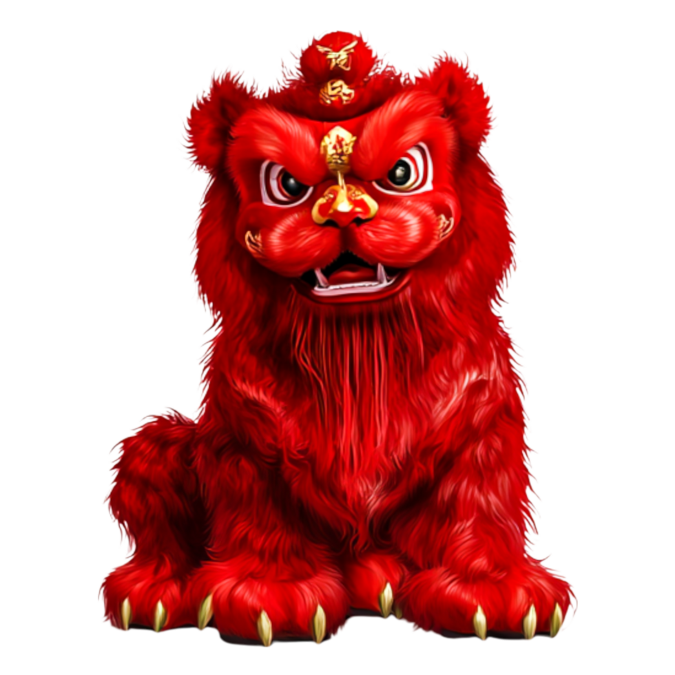 Fierce Red Lion Dance Costume with Dramatic Expression and Detail png