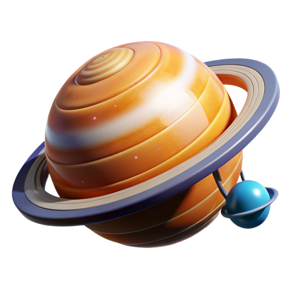 Striped Planet with Ring System and Moon 3D Render png
