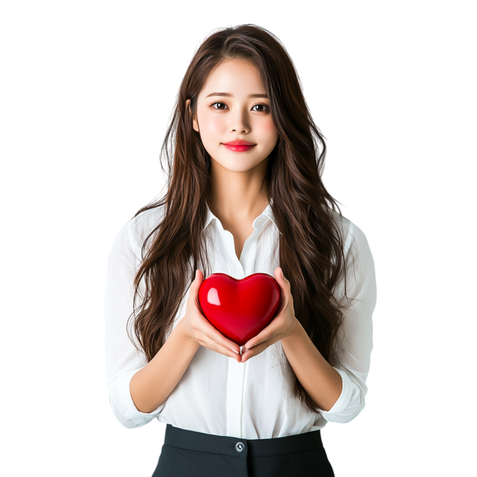 Woman Holding Red Heart Symbol With Bright Smile and Joyful Aura png