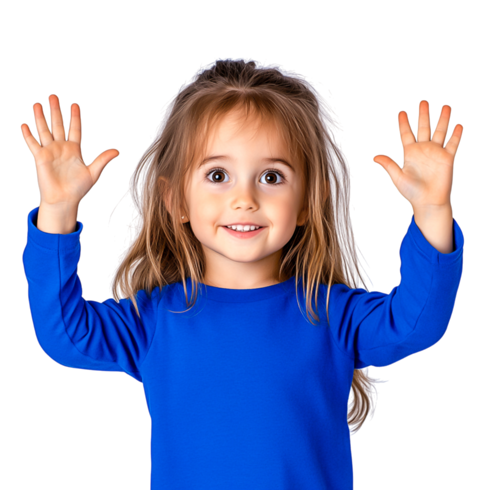 Happy child in blue shirt raising hands in joyful expression png
