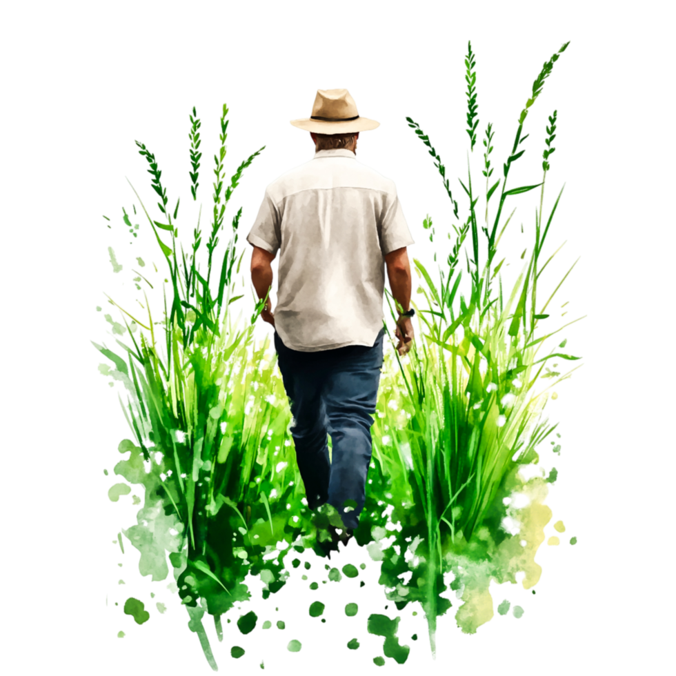 Man Walking Through Lush Green Grass in a Sunny Landscape Scene png