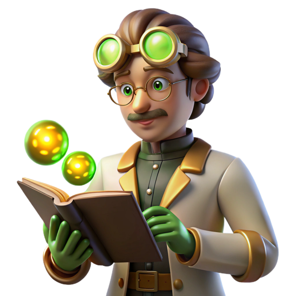 Curious Scientist Studying Glowing Orbs in Ancient Book png