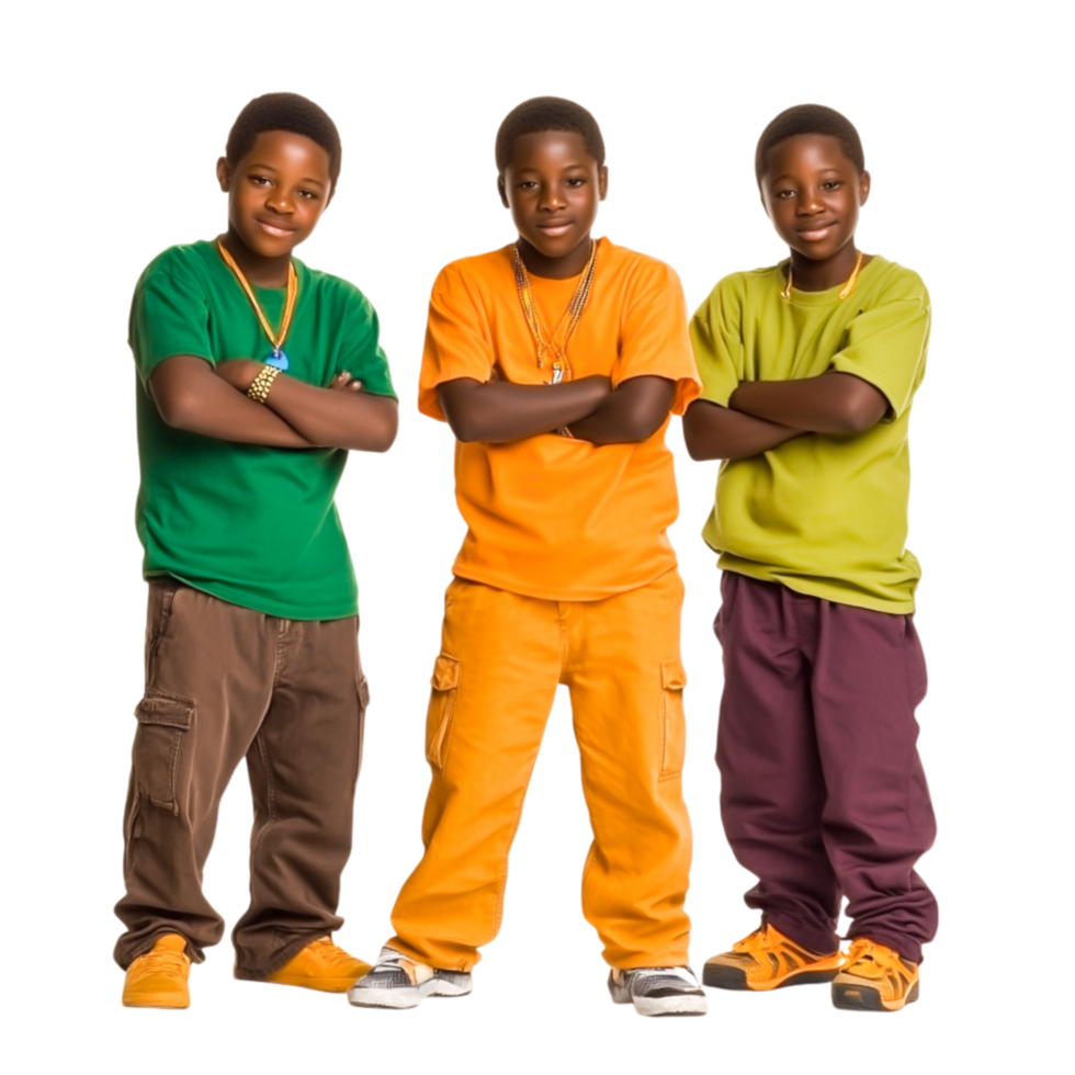 Group of Three Young Boys in Colorful Casual Outfits Posing Together png
