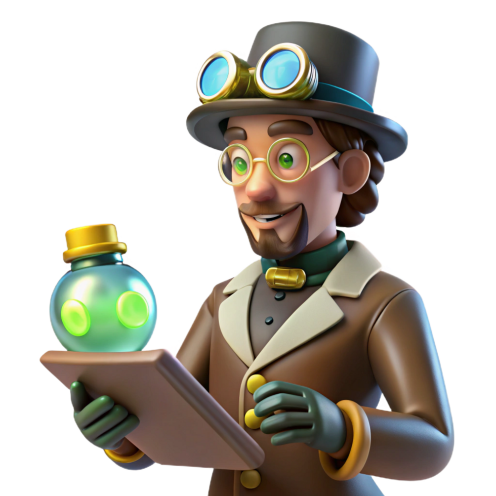 3D Render of a Steampunk Scientist Examining a Glowing Potion png
