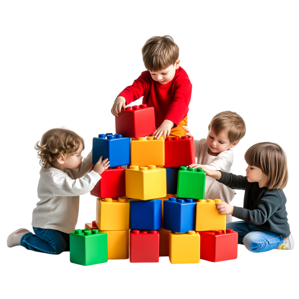 Children Playing Together with Colorful Building Blocks in Studio png