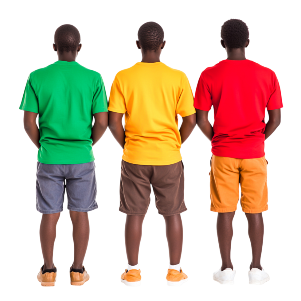 Three Young Men Displaying Colorful Casual T-Shirts from Behind png