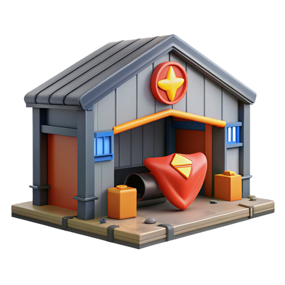 3D Render of a Small Building with a Shield png