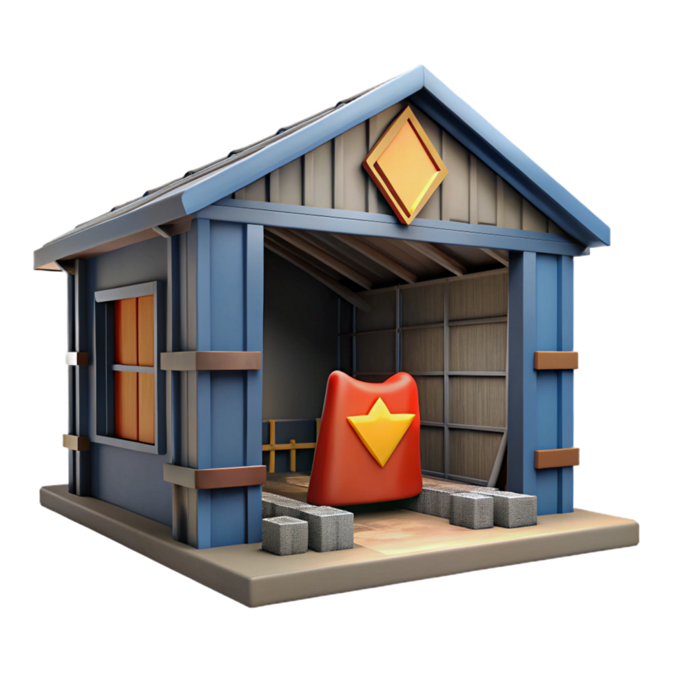 3D Model of a Small Garage with a Red and Yellow Symbol png