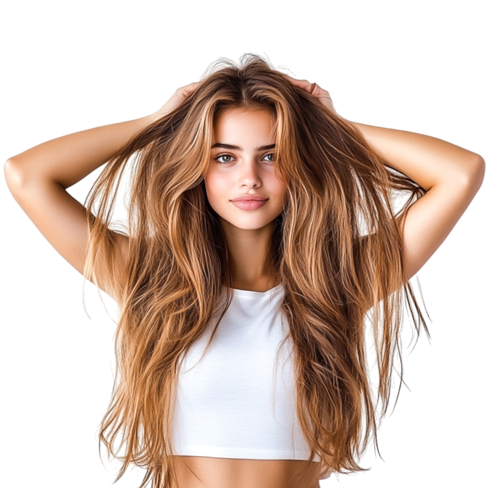 Young Woman with Long Hair and Casual Outfit in Bright Studio Light png