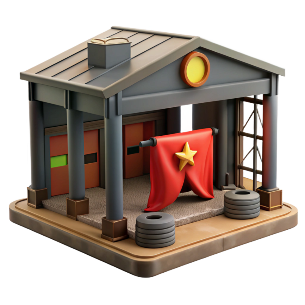 3D Model of a Grand Opening Ceremony Festive Garage with Red Star Banner png