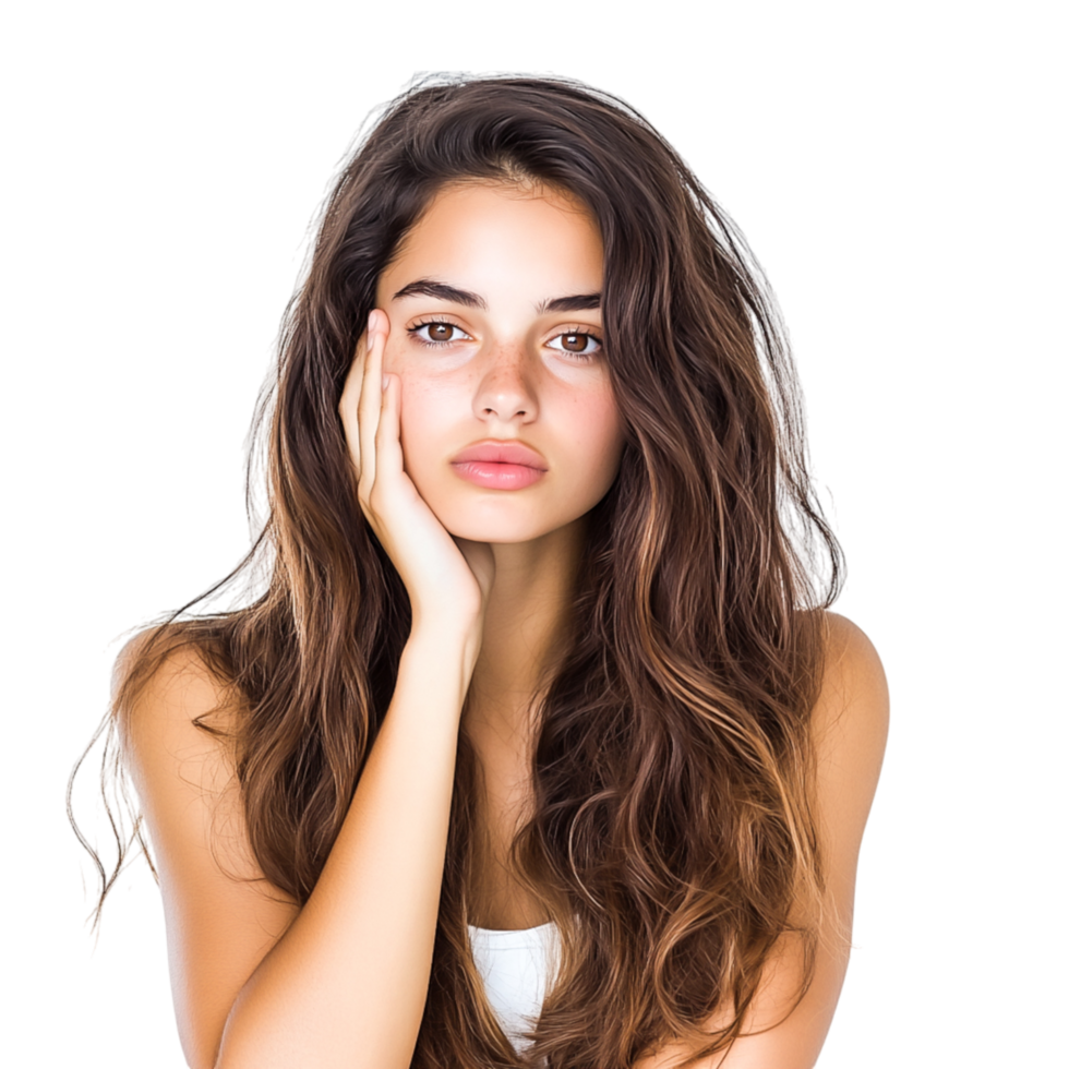 Woman with Natural Long Hair Posing with Thoughtful Expression png