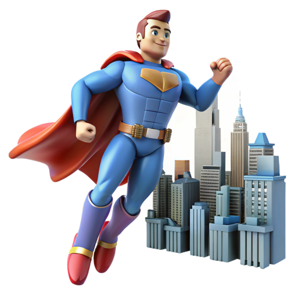 Superhero Soaring Over Cityscape A 3D Animation png
