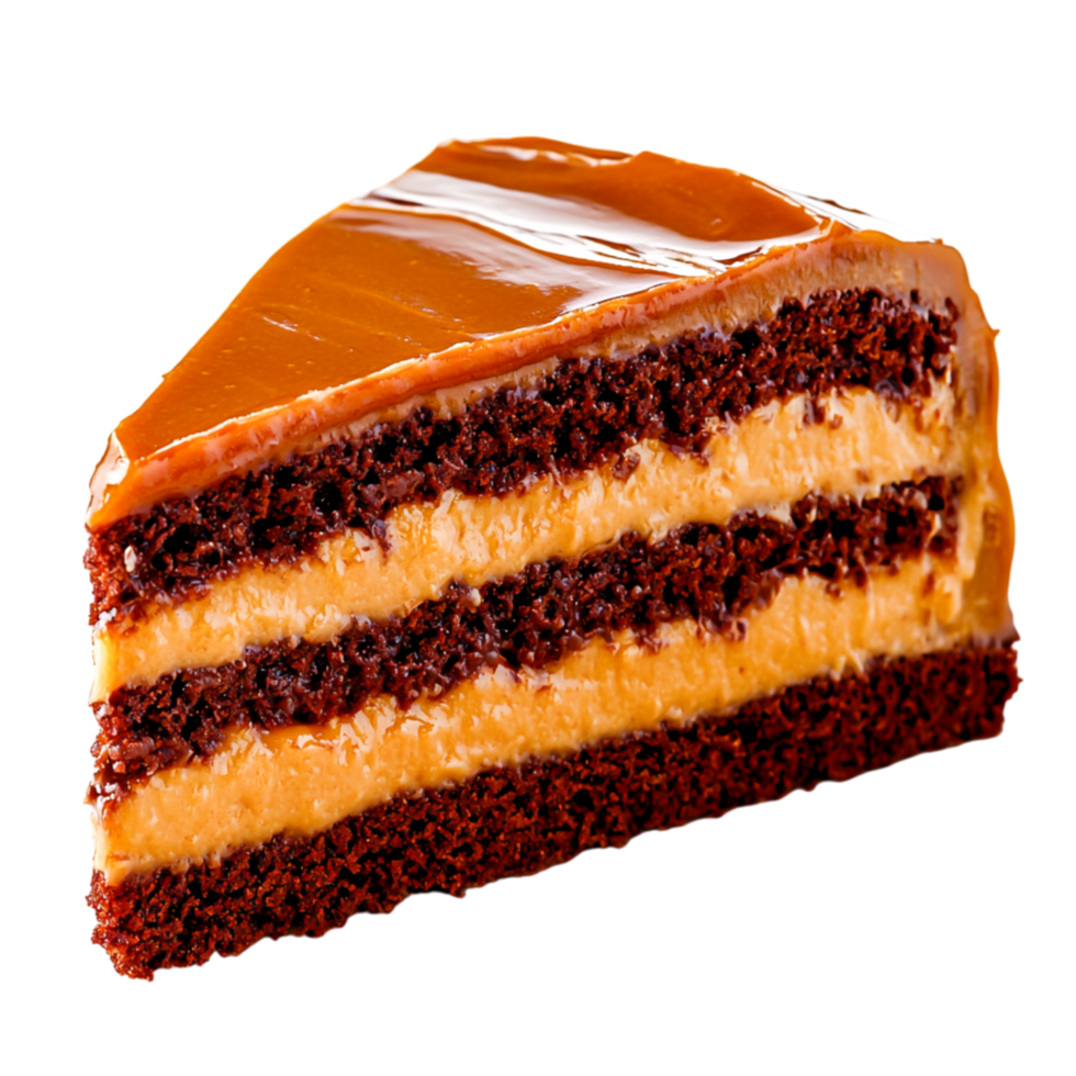 Delicious Chocolate Cake Slice with Creamy Caramel Topping png