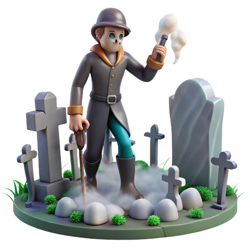 3D Render of a Figure with a Torch in a Cemetery png