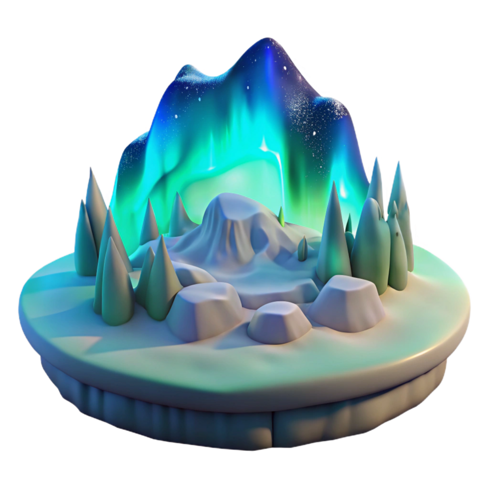 Arctic Landscape with Aurora Borealis 3D Render of Winter Scene png