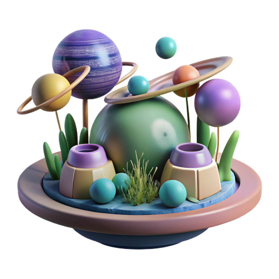 Whimsical 3D Render of a Planetary System with Lush Vegetation png