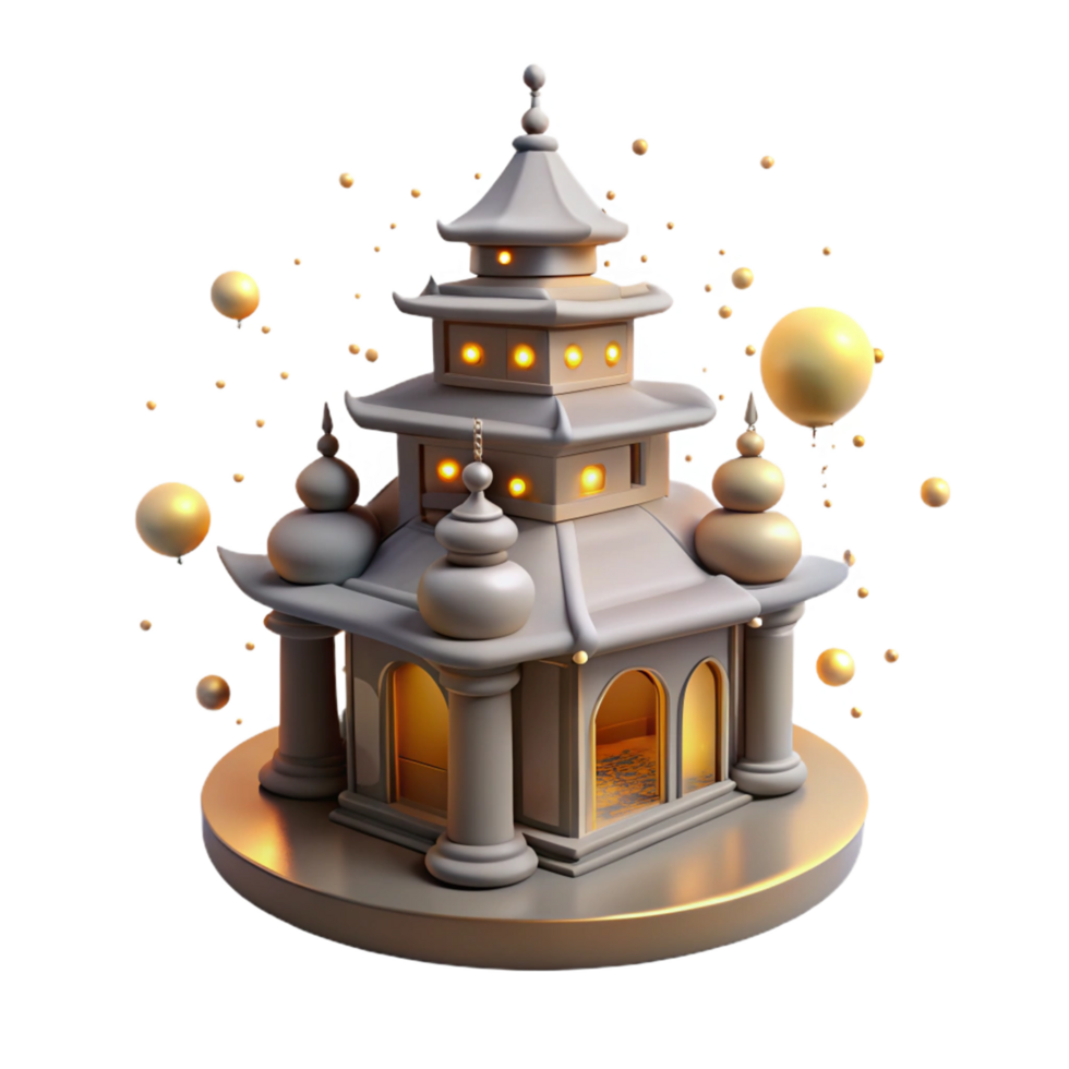 Illuminated Pagoda 3D Render of Architectural Design with Golden Spheres png