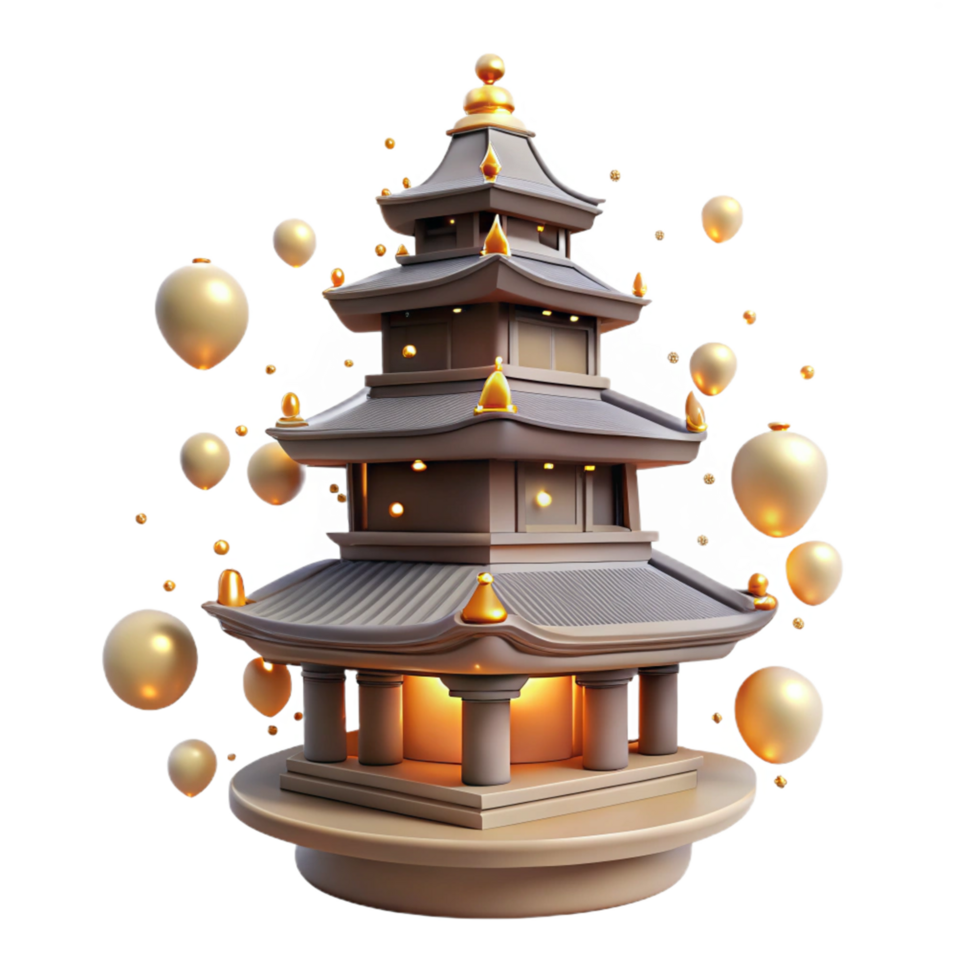 3D Render of Illuminated Pagoda with Golden Spheres png