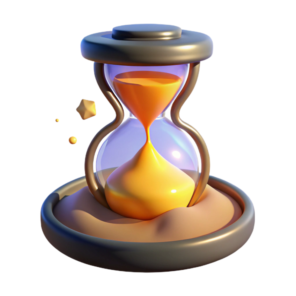 3D Render of Hourglass Time, Sand, and Golden Particles png