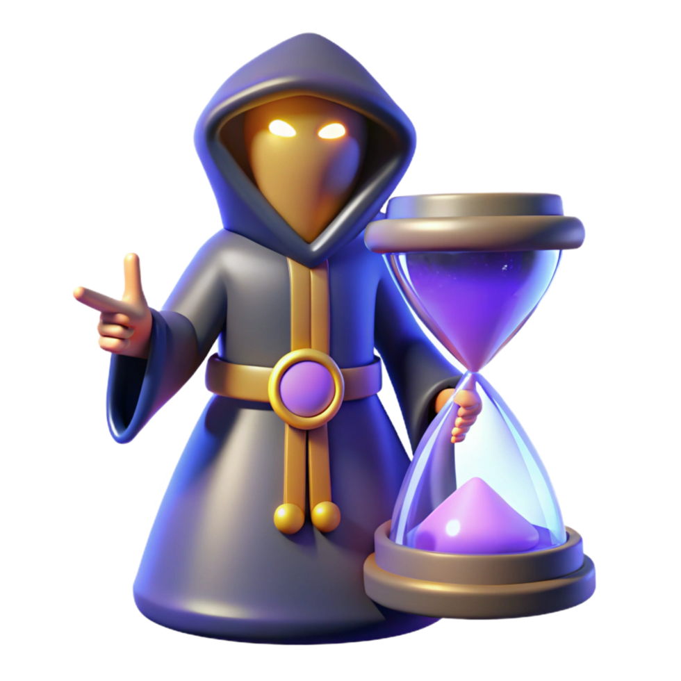 Mystic Timekeeper 3D Render of a hooded figure with an hourglass png