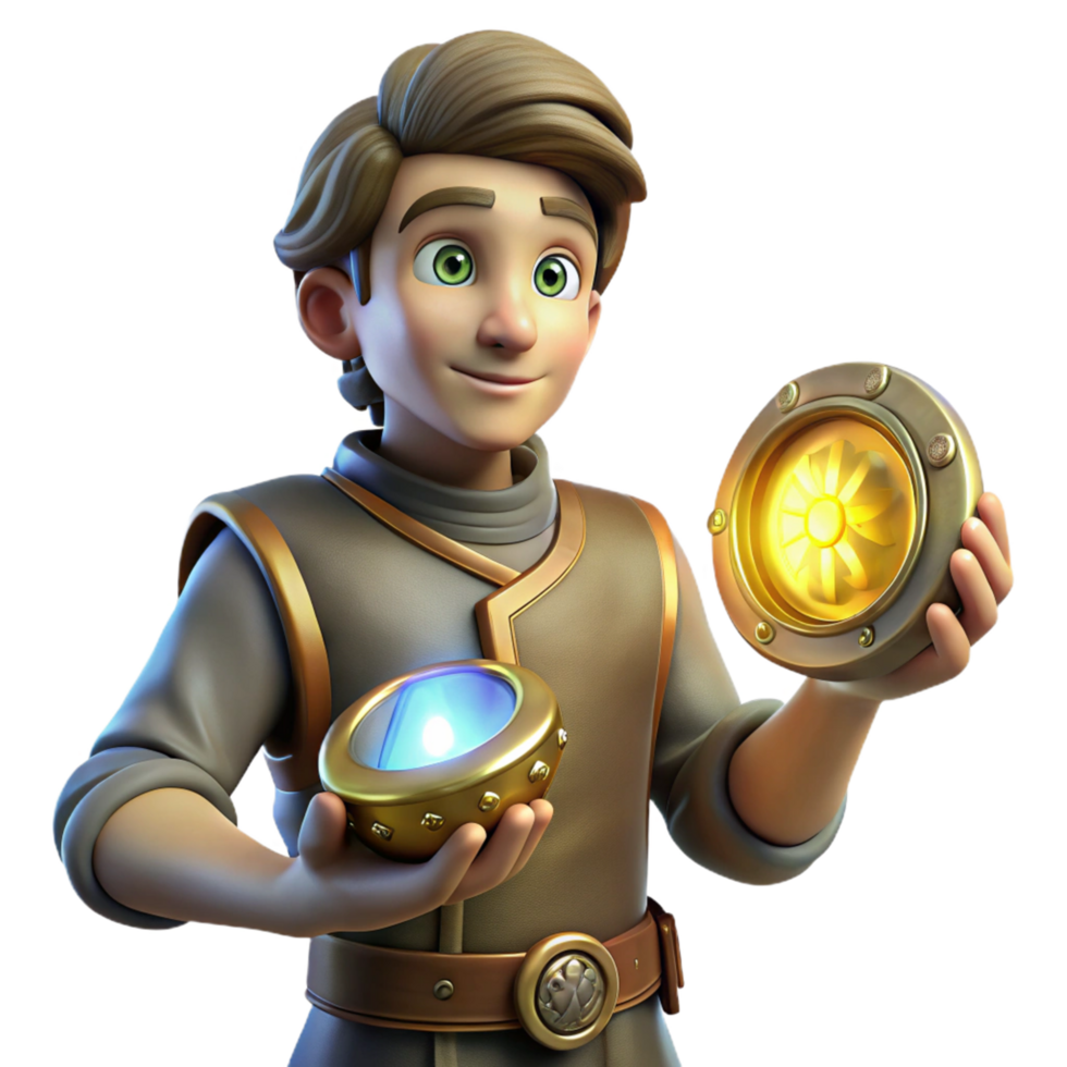 Youthful Explorer with Luminous Artifacts A 3D Render png