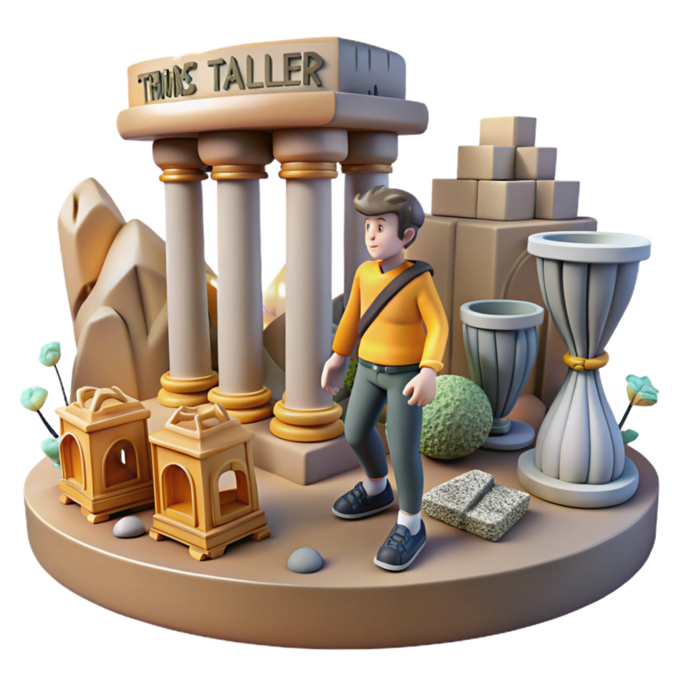 3D Render of a Person Exploring an Ancient Temple with Columns and Urns png