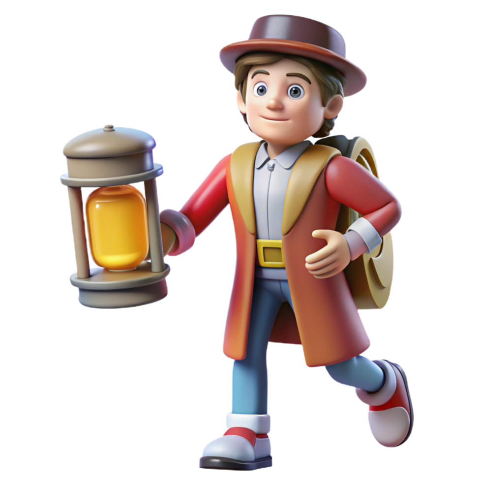 3D Render of Adventurer with Lantern and Backpack png