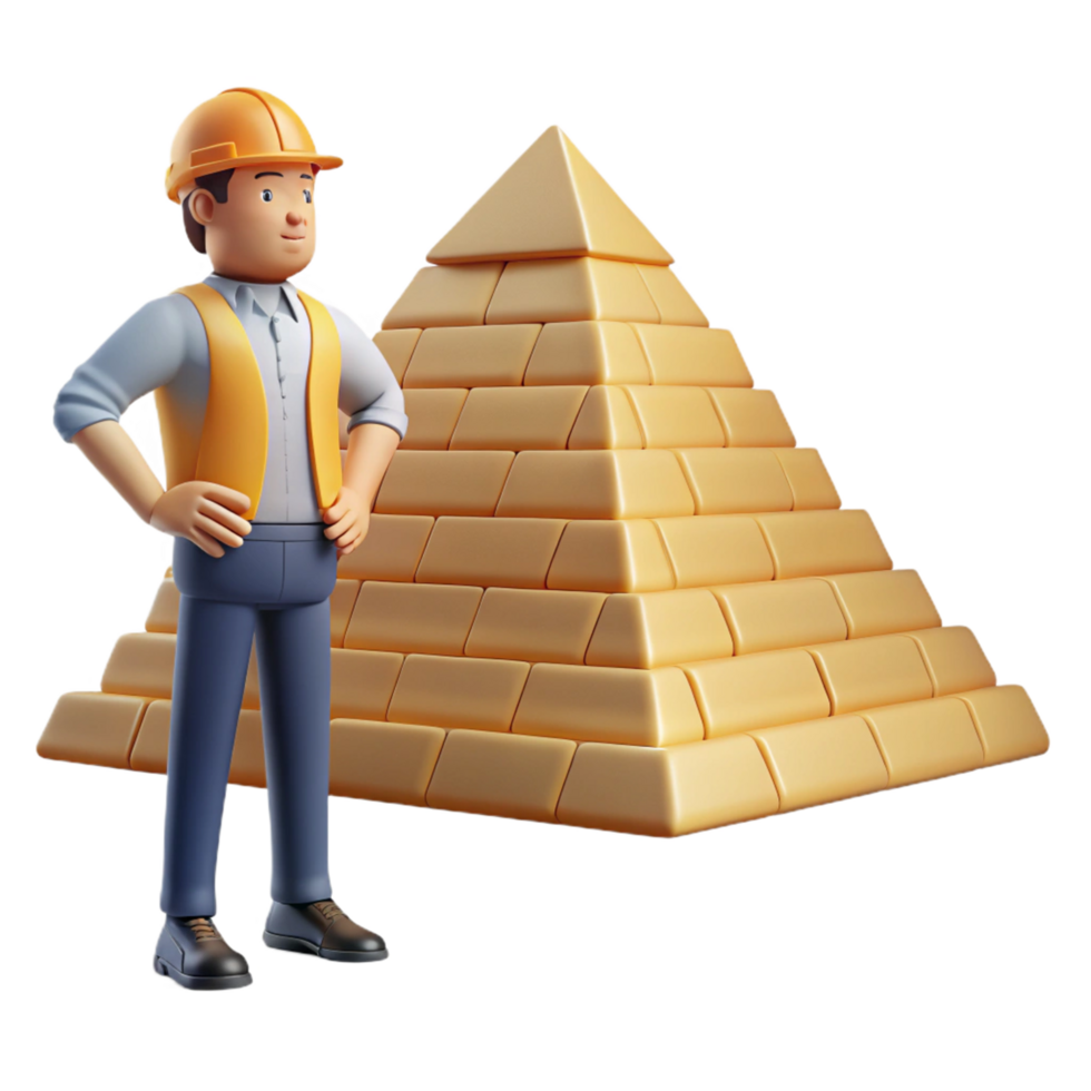 Construction Worker and Gold Pyramid A 3D Model of Ancient Structure png