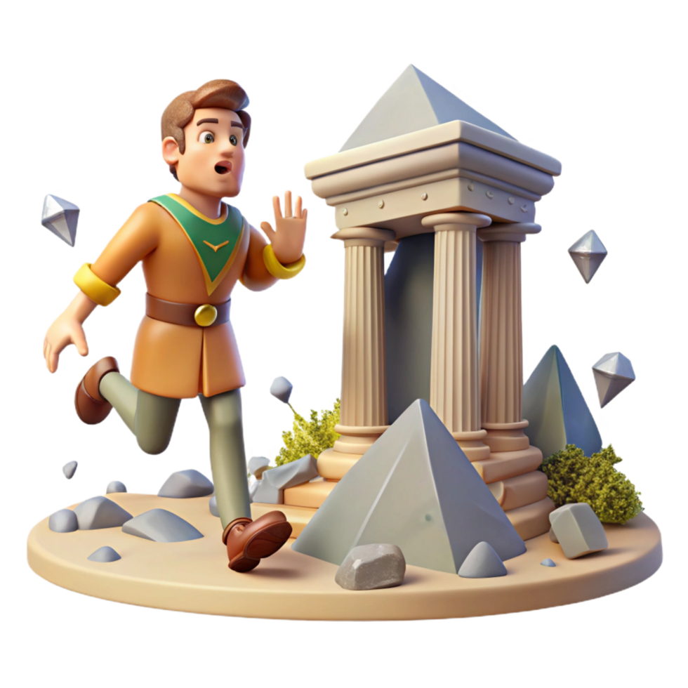 3D Render of a Running Cartoon Character Approaching Ancient Ruins png