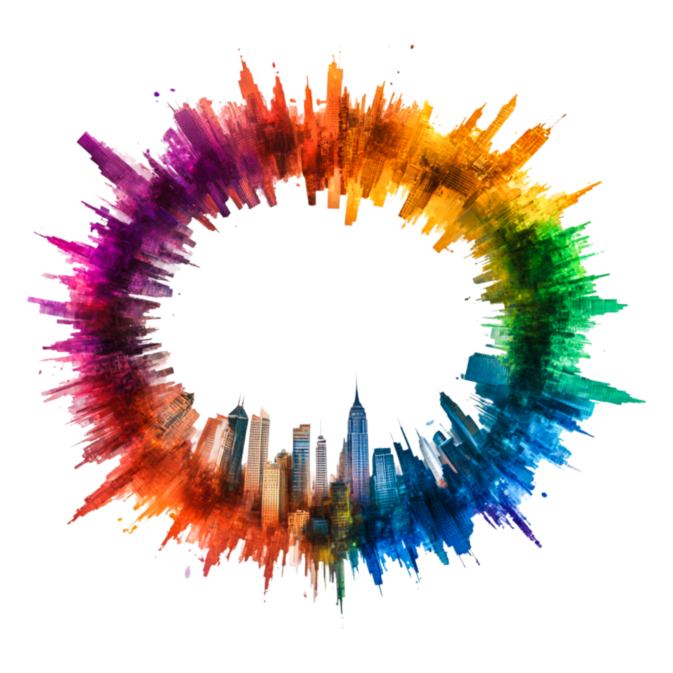 Vibrant City Skyline in Circular Color Burst Design png