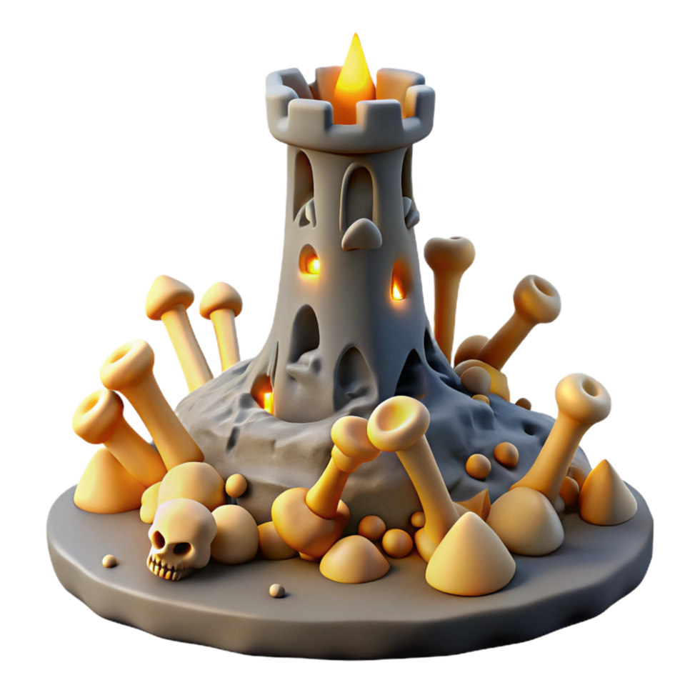 Illuminated Tower Amidst a Field of Fungi and Skulls png