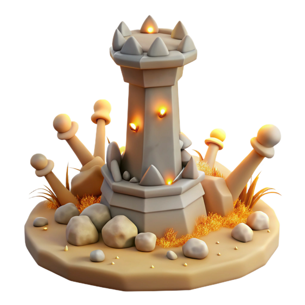 Fantasy Tower 3D Model Illuminated Stone Structure with Grass and Rocks png