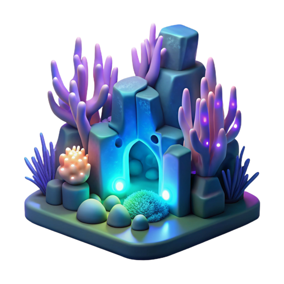 Luminous Underwater Cave with Glowing Coral Reef png