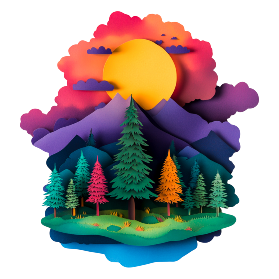 Vibrant Paper Craft Landscape with Sun and Colorful Trees png