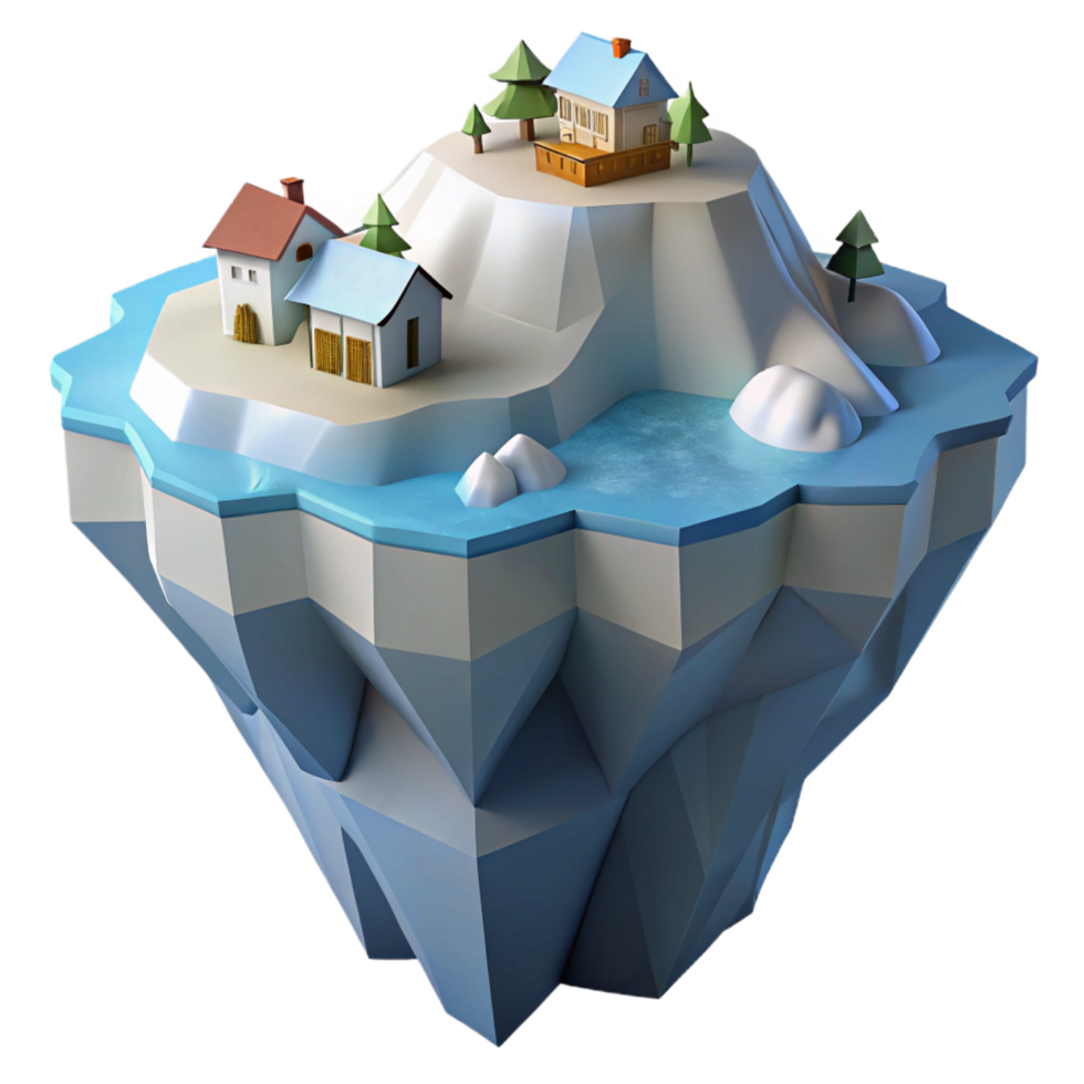 Floating Island Village 3D Render of Houses, Trees, and Frozen Lake png