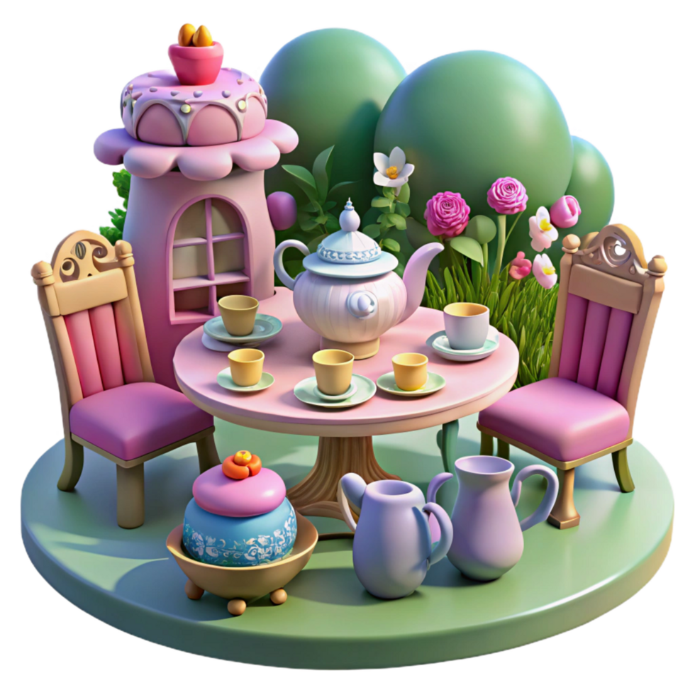 Enchanted Garden Tea Party 3D Render of Whimsical Tea Set and Furniture png