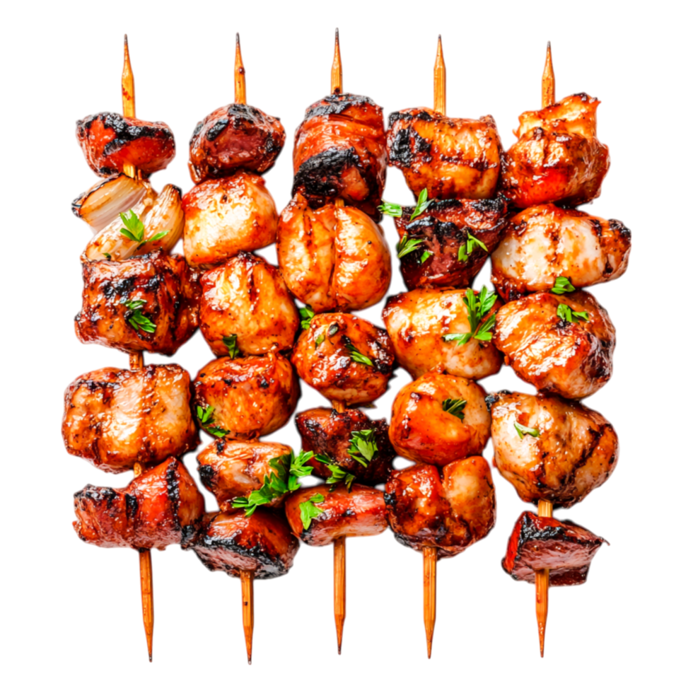 Grilled Skewers of Meat and Vegetables on Sticks with Garnish png