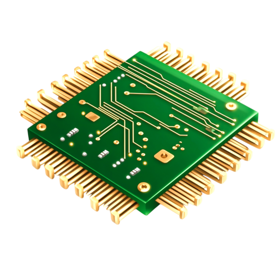 Green Circuit Board with Gold Pins and Electronic Components Display png