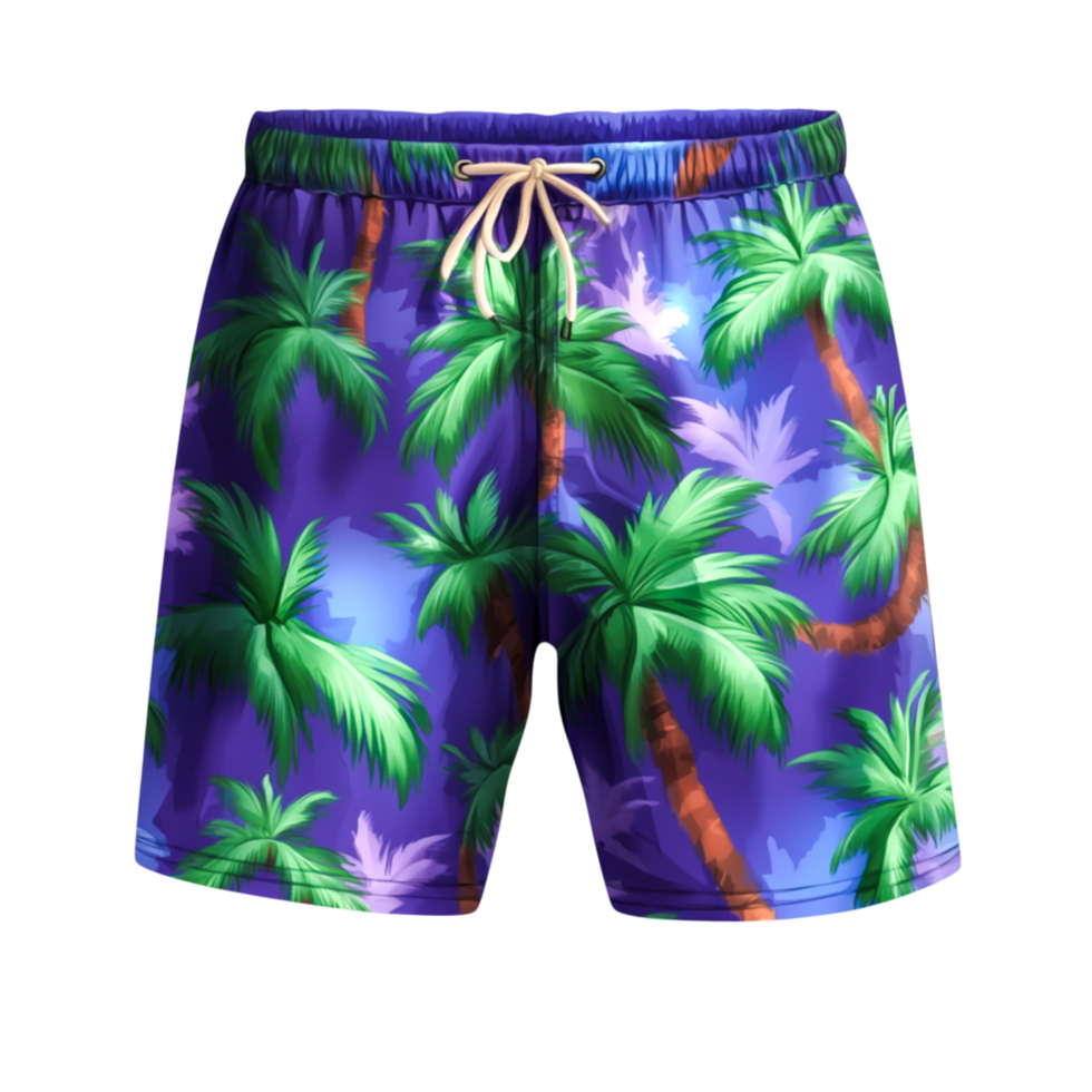 Vibrant Tropical Swim Shorts with Palm Tree Print Design for Summer png