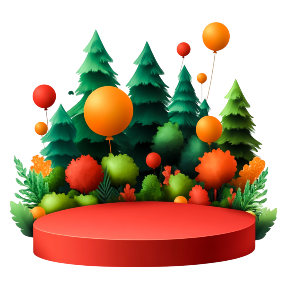 Vibrant Forest Scene with Colorful Balloons and Platform Display png