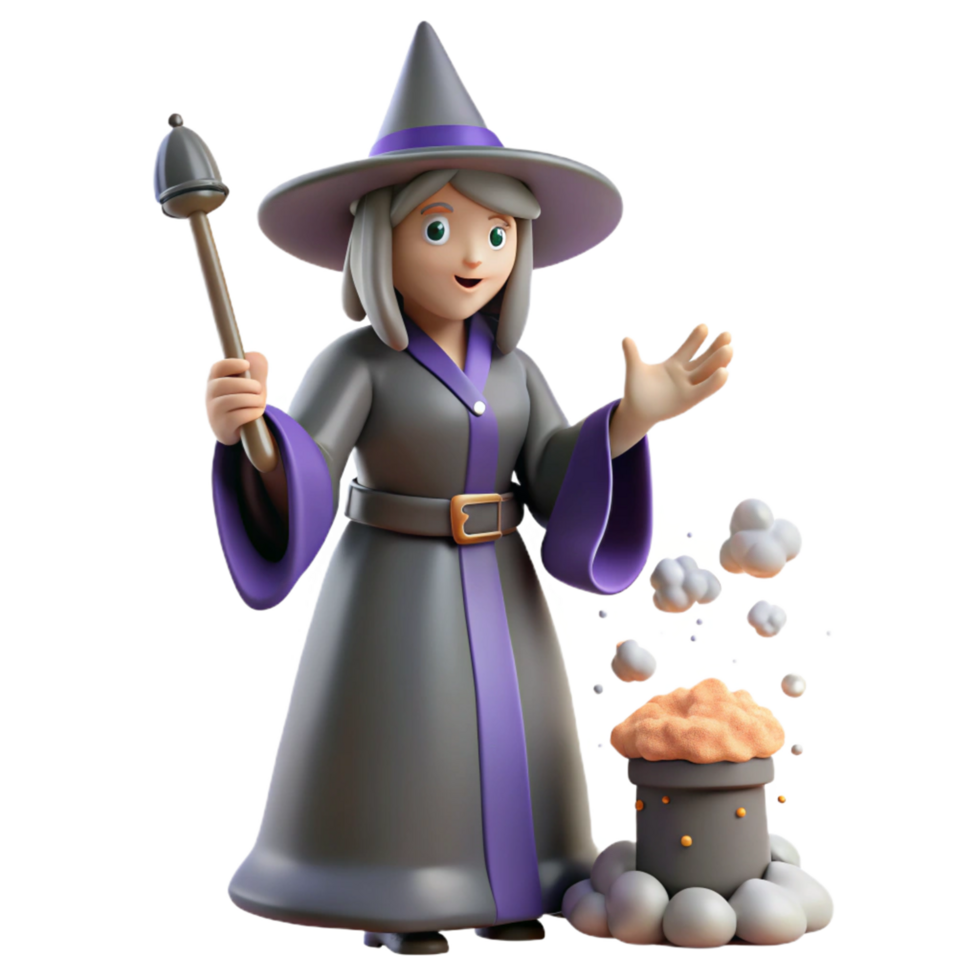 3D Render of a Cartoon Witch Brewing a Potion png
