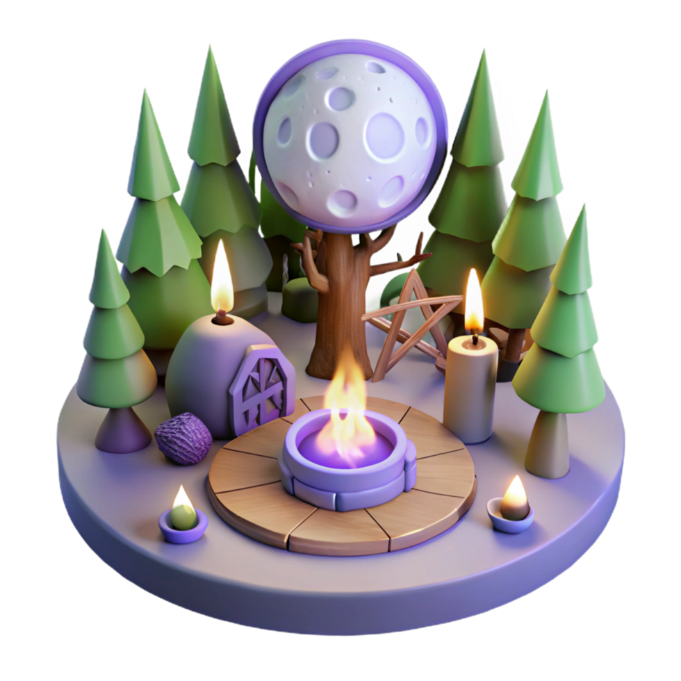 Enchanted Forest Night Scene 3D Render of Moonlit Campfire with Candles png