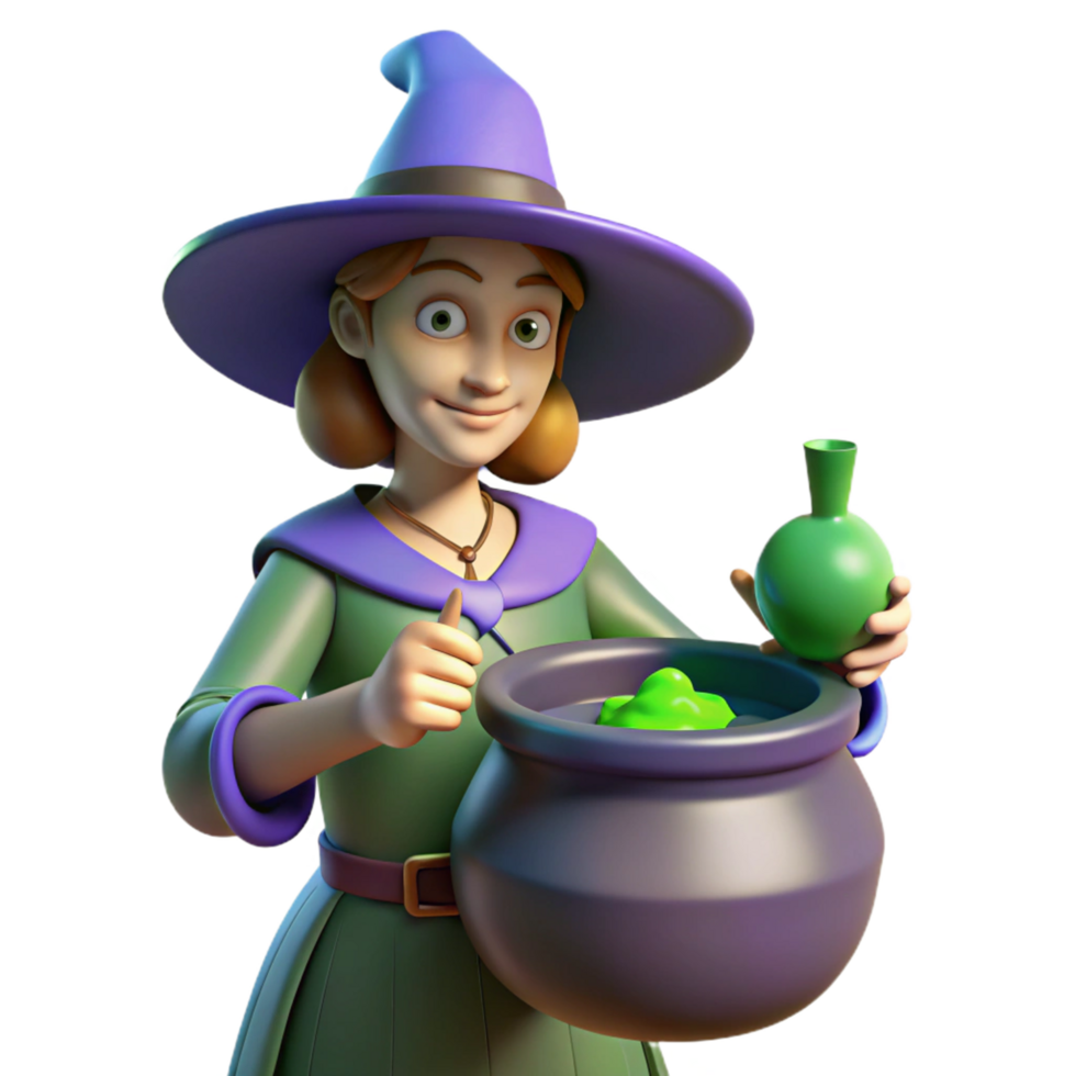Cartoon Witch Brewing Potion 3D Render of a whimsical sorceress with a cauldron and potion bottle png