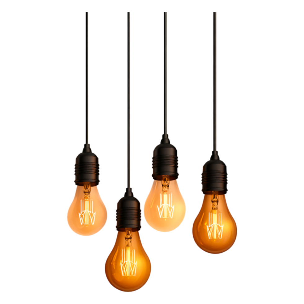 Four Vintage Light Bulbs Hanging from Black Cords in a Row png