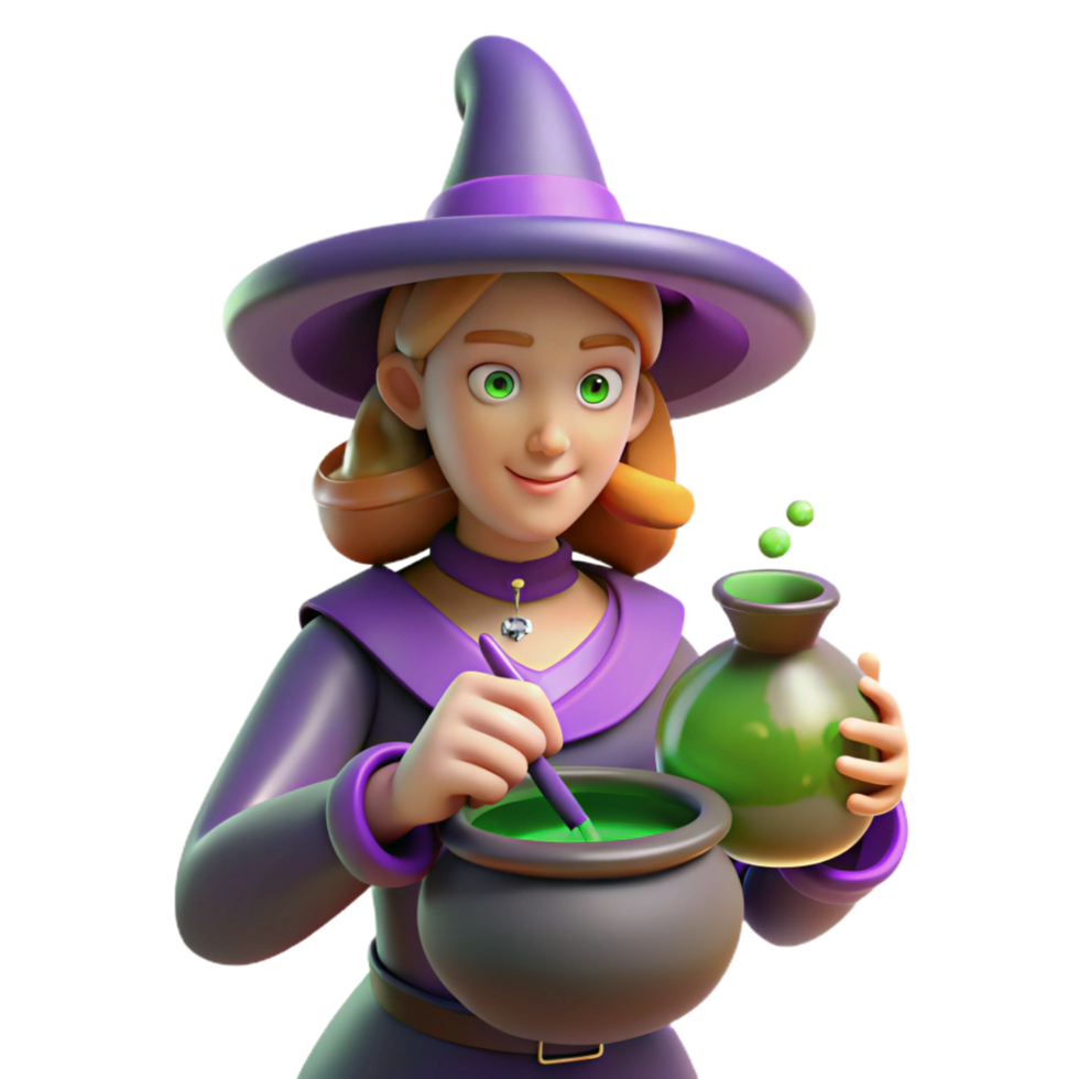 Cute Witch Brewing Potion 3D Render of Halloween Character png