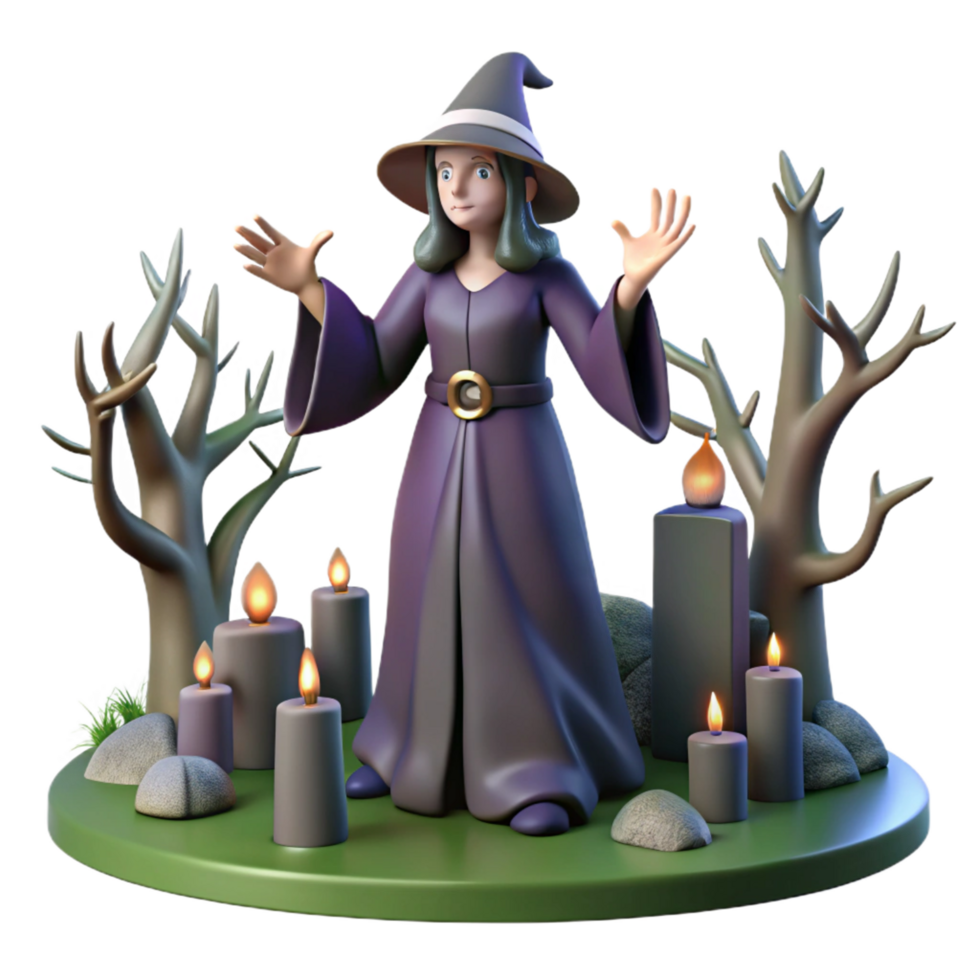 Enchanted Forest Witch with Lit Candles 3D Render png