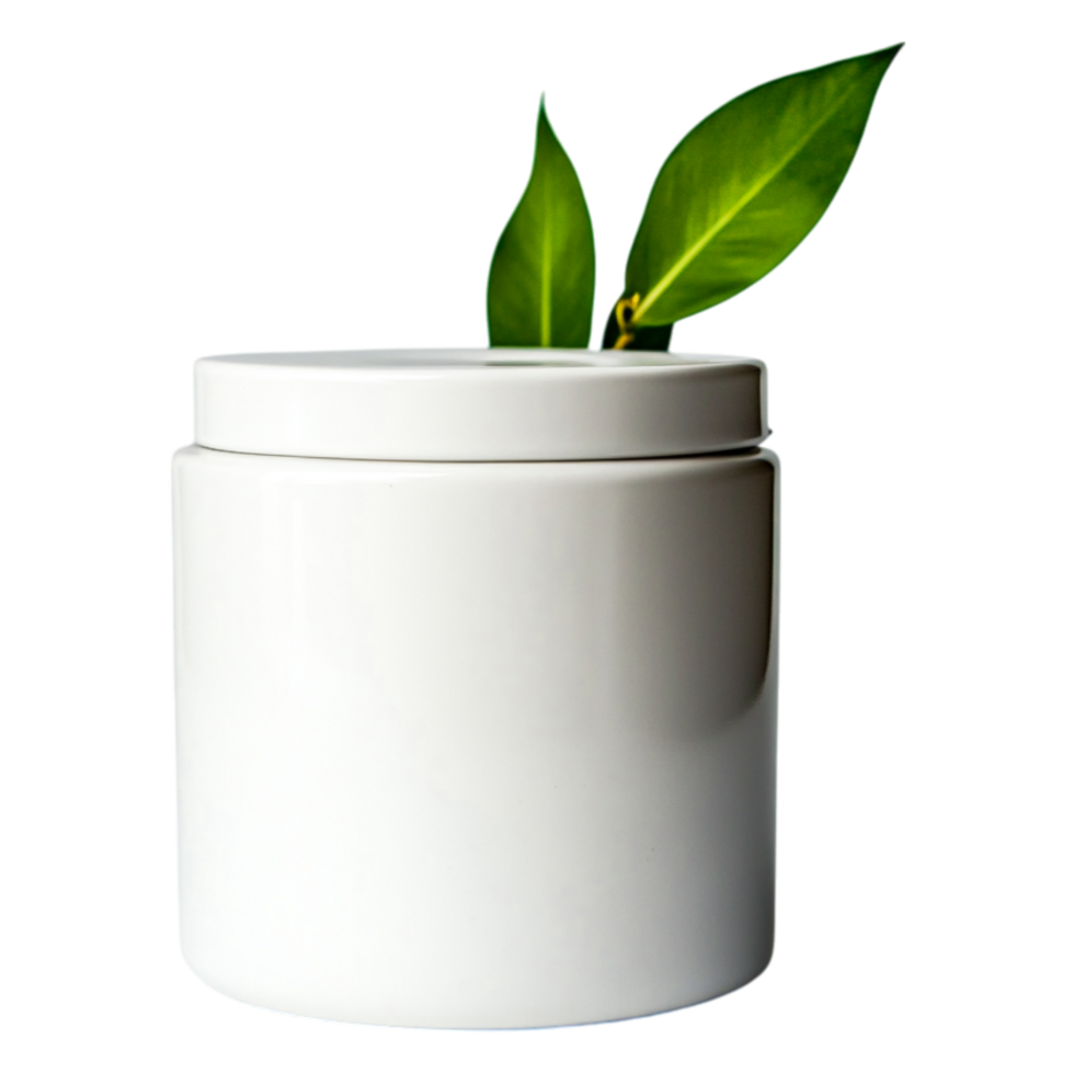 Minimalist White Jar with Lids and Fresh Green Leaves on Top png