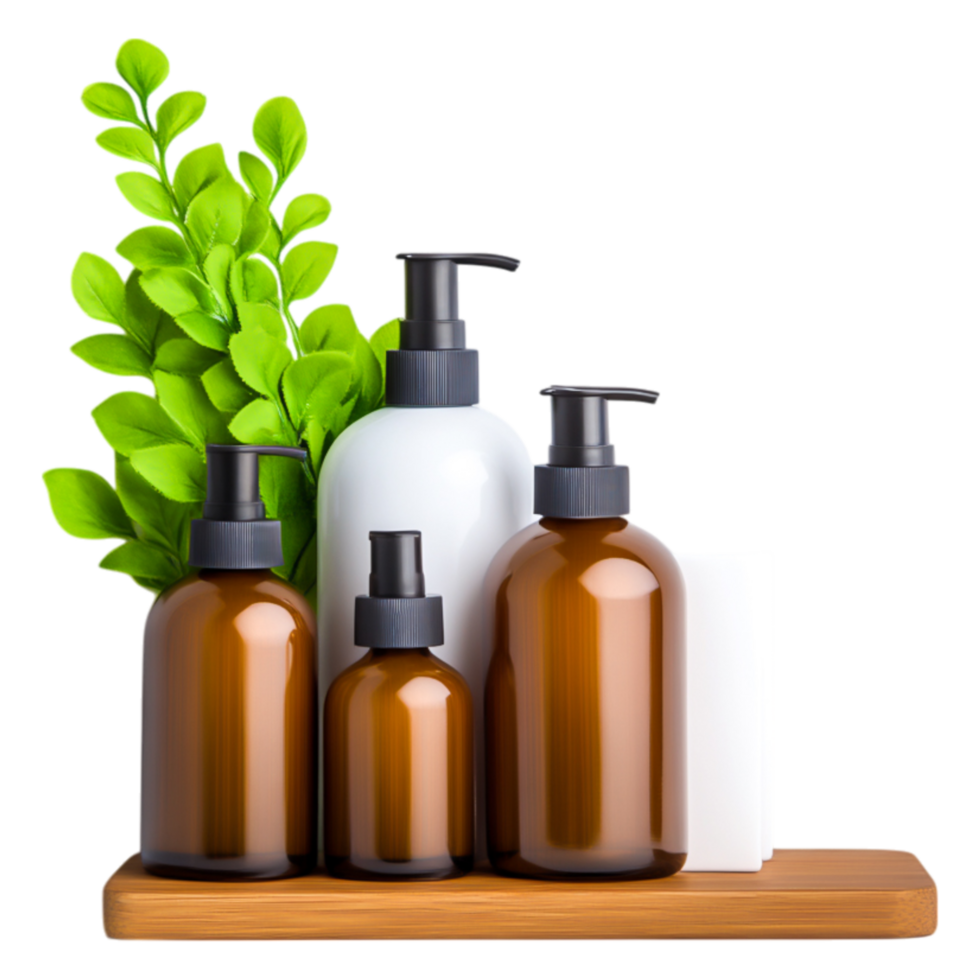 Elegant Display of Natural Cosmetic Bottles and Green Leaves png