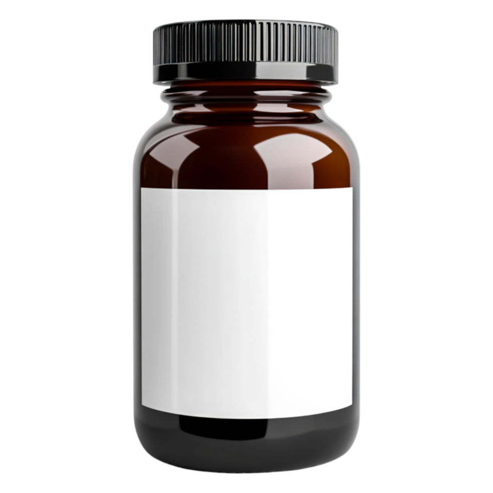 Empty Amber Glass Bottle with Black Lid and Blank Label for Use png